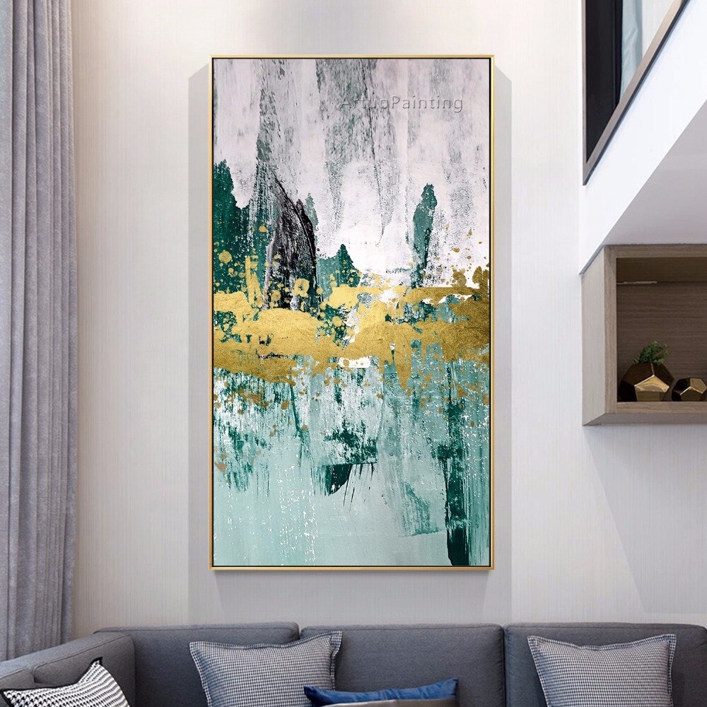 Im&aacute;genes de arte de pared, pintura al &oacute;leo verde, acr&iacute;lico abstracto moderno, pintado a mano sobre lienzo para sala de estar, decoraci&oacute;n del hogar
