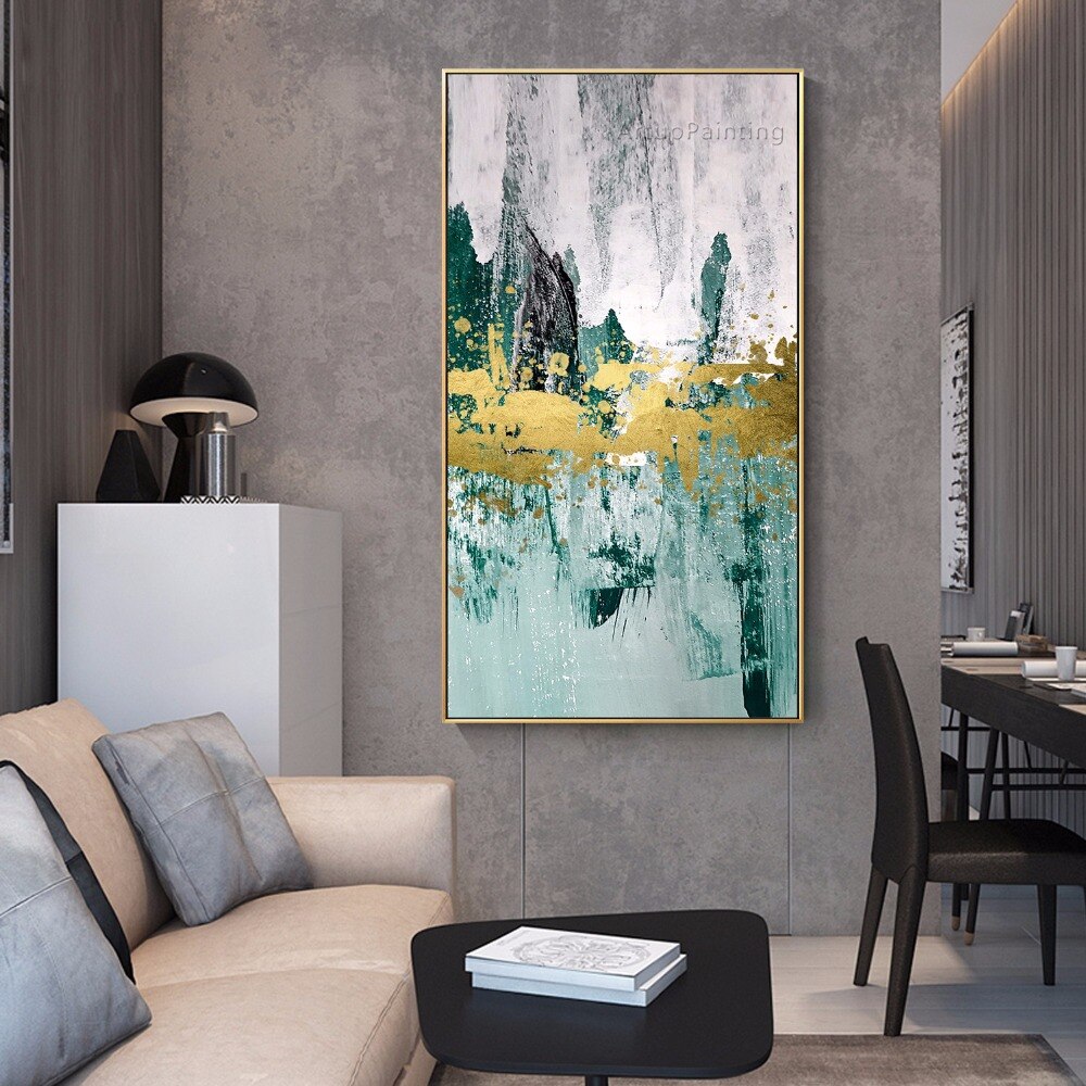 Im&aacute;genes de arte de pared, pintura al &oacute;leo verde, acr&iacute;lico abstracto moderno, pintado a mano sobre lienzo para sala de estar, decoraci&oacute;n del hogar