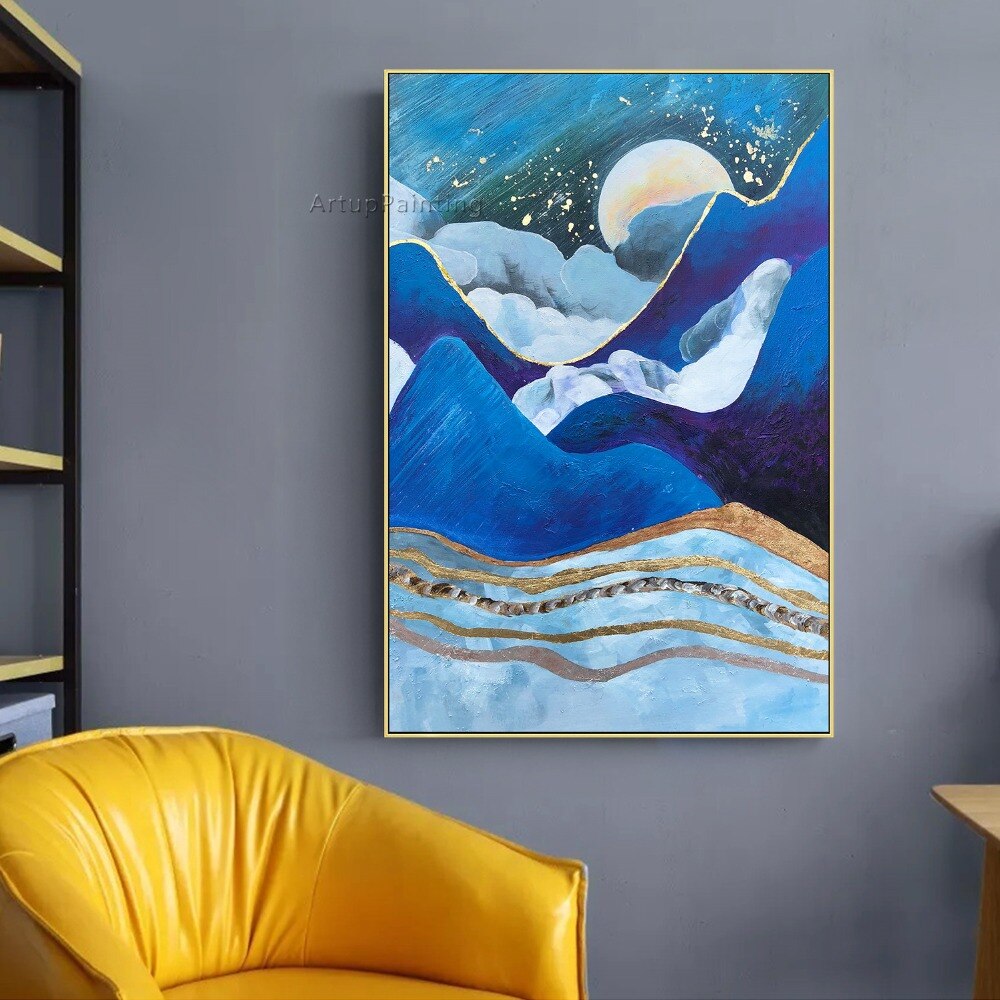Lienzo abstracto moderno azul marino, pinturas al &oacute;leo, paisaje, arte de pared, decoraci&oacute;n, Cuadros decorativos para sala de estar