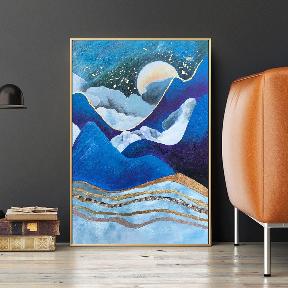 Lienzo abstracto moderno azul marino, pinturas al &oacute;leo, paisaje, arte de pared, decoraci&oacute;n, Cuadros decorativos para sala de estar