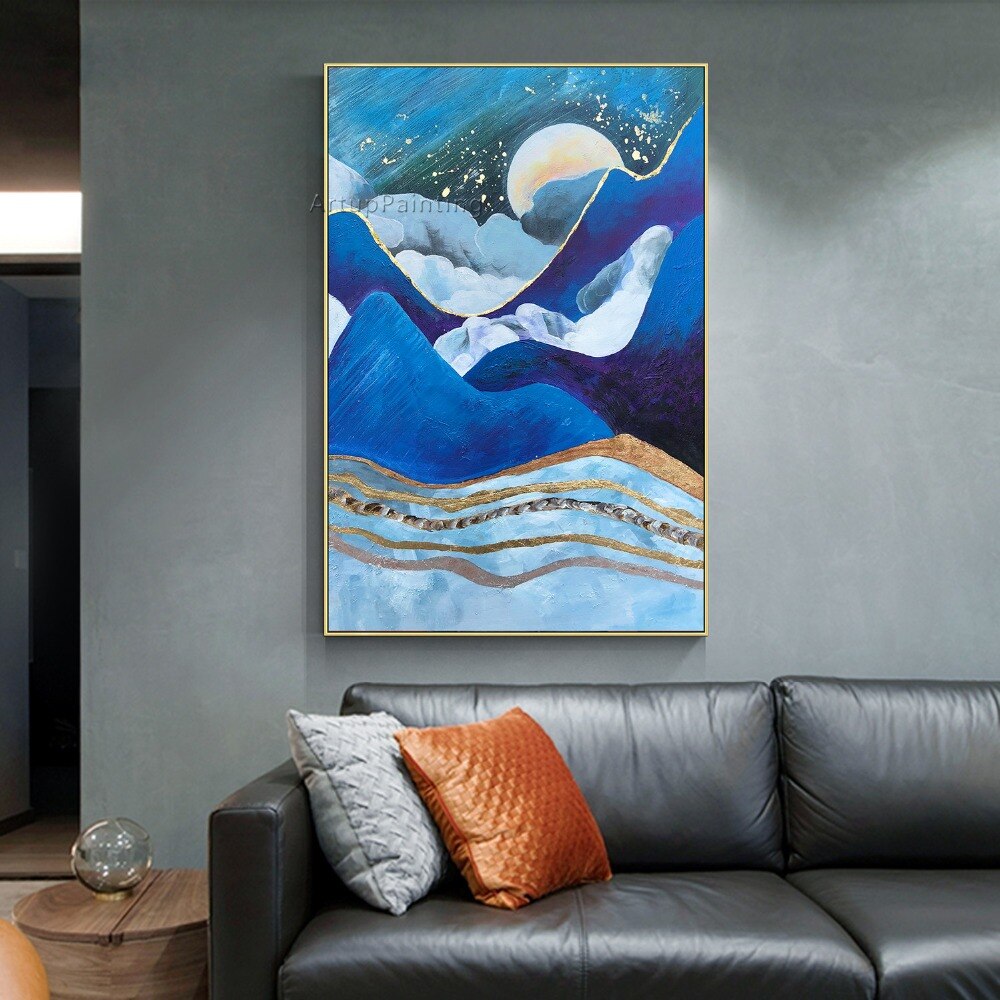 Lienzo abstracto moderno azul marino, pinturas al &oacute;leo, paisaje, arte de pared, decoraci&oacute;n, Cuadros decorativos para sala de estar