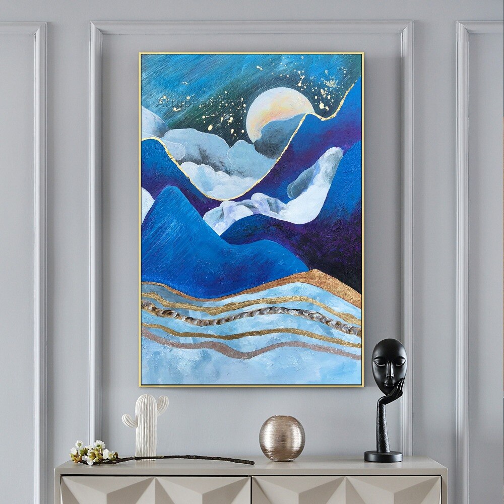 Lienzo abstracto moderno azul marino, pinturas al &oacute;leo, paisaje, arte de pared, decoraci&oacute;n, Cuadros decorativos para sala de estar