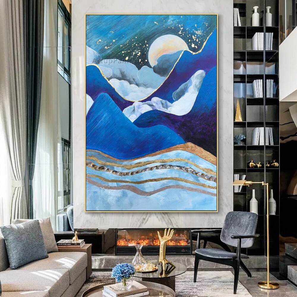 Lienzo abstracto moderno azul marino, pinturas al &oacute;leo, paisaje, arte de pared, decoraci&oacute;n, Cuadros decorativos para sala de estar