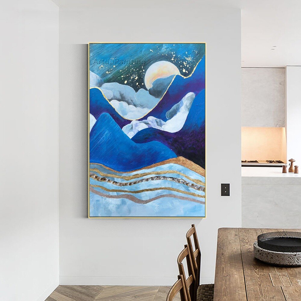 Lienzo abstracto moderno azul marino, pinturas al &oacute;leo, paisaje, arte de pared, decoraci&oacute;n, Cuadros decorativos para sala de estar