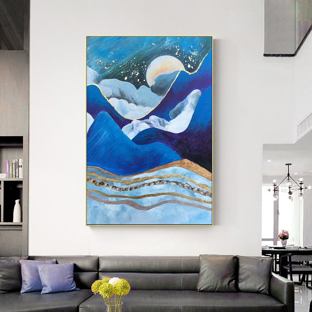 Lienzo abstracto moderno azul marino, pinturas al &oacute;leo, paisaje, arte de pared, decoraci&oacute;n, Cuadros decorativos para sala de estar
