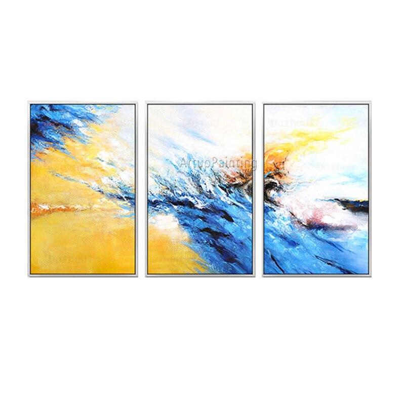 Pintura en lienzo para decoraci&oacute;n, 3 piezas, acr&iacute;lico, azul, amarillo, arte de pared, im&aacute;genes para sala de estar, abstracto moderno 14