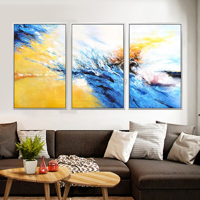 Pintura en lienzo para decoraci&oacute;n, 3 piezas, acr&iacute;lico, azul, amarillo, arte de pared, im&aacute;genes para sala de estar, abstracto moderno 14