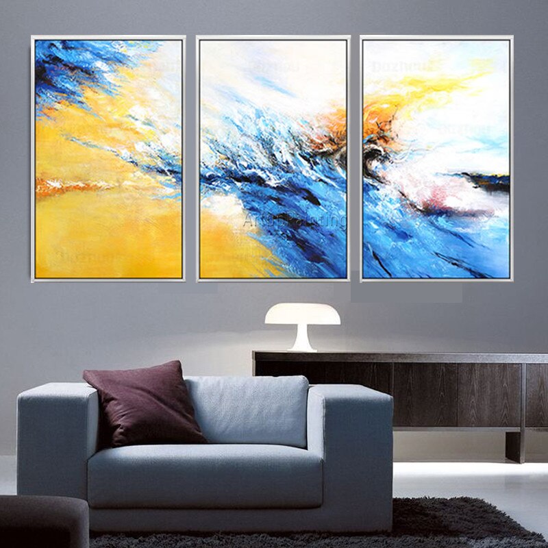 Pintura en lienzo para decoraci&oacute;n, 3 piezas, acr&iacute;lico, azul, amarillo, arte de pared, im&aacute;genes para sala de estar, abstracto moderno 14