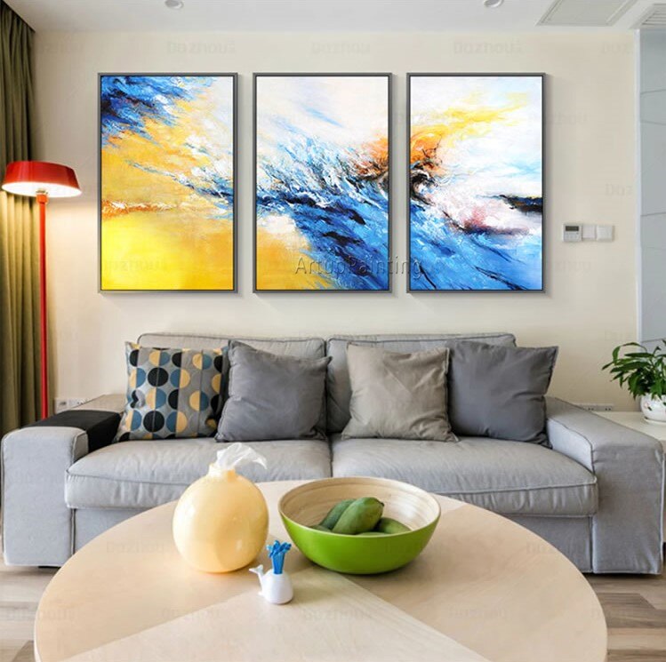 Pintura en lienzo para decoraci&oacute;n, 3 piezas, acr&iacute;lico, azul, amarillo, arte de pared, im&aacute;genes para sala de estar, abstracto moderno 14