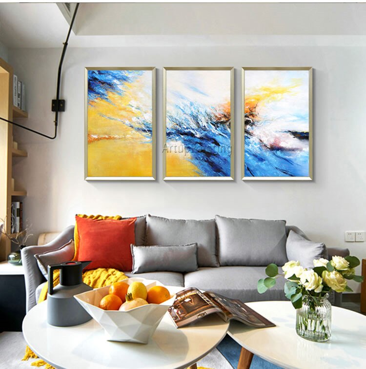 Pintura en lienzo para decoraci&oacute;n, 3 piezas, acr&iacute;lico, azul, amarillo, arte de pared, im&aacute;genes para sala de estar, abstracto moderno 14