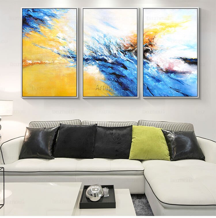 Pintura en lienzo para decoraci&oacute;n, 3 piezas, acr&iacute;lico, azul, amarillo, arte de pared, im&aacute;genes para sala de estar, abstracto moderno 14