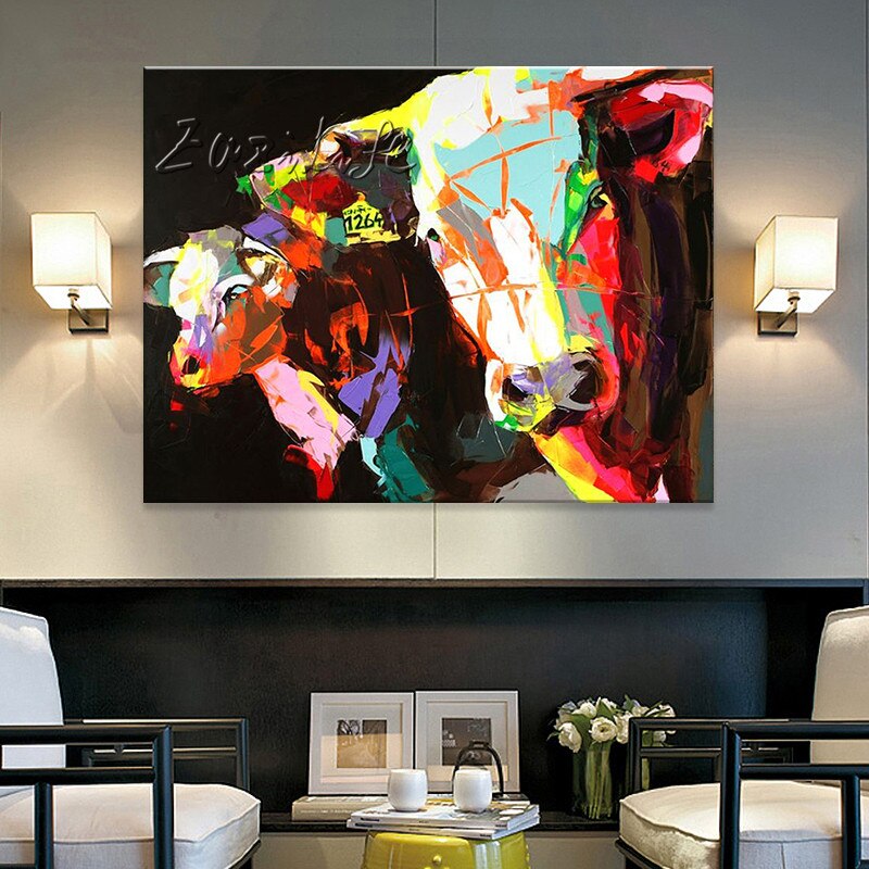 Pintura al &oacute;leo sobre lienzo, im&aacute;genes de pared, pinturas para sala de estar, Arte Pop Art, vaca, abstracto moderno, pintado a mano 17