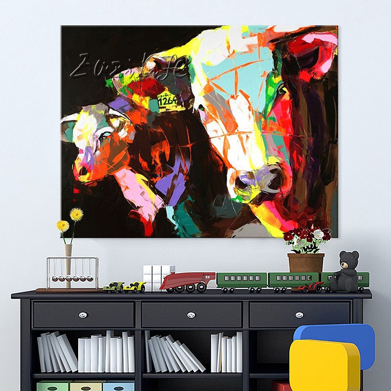 Pintura al &oacute;leo sobre lienzo, im&aacute;genes de pared, pinturas para sala de estar, Arte Pop Art, vaca, abstracto moderno, pintado a mano 17