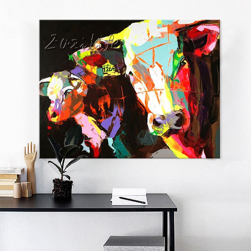 Pintura al &oacute;leo sobre lienzo, im&aacute;genes de pared, pinturas para sala de estar, Arte Pop Art, vaca, abstracto moderno, pintado a mano 17