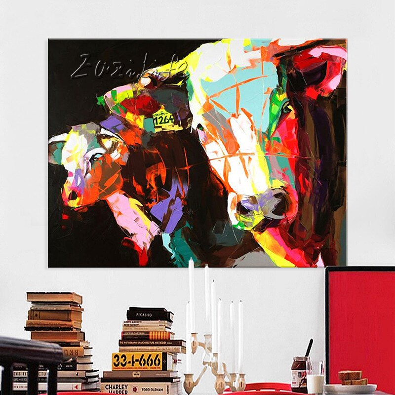 Pintura al &oacute;leo sobre lienzo, im&aacute;genes de pared, pinturas para sala de estar, Arte Pop Art, vaca, abstracto moderno, pintado a mano 17