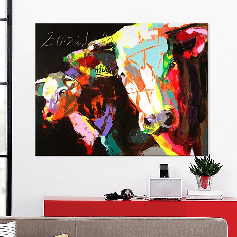 Pintura al &oacute;leo sobre lienzo, im&aacute;genes de pared, pinturas para sala de estar, Arte Pop Art, vaca, abstracto moderno, pintado a mano 17