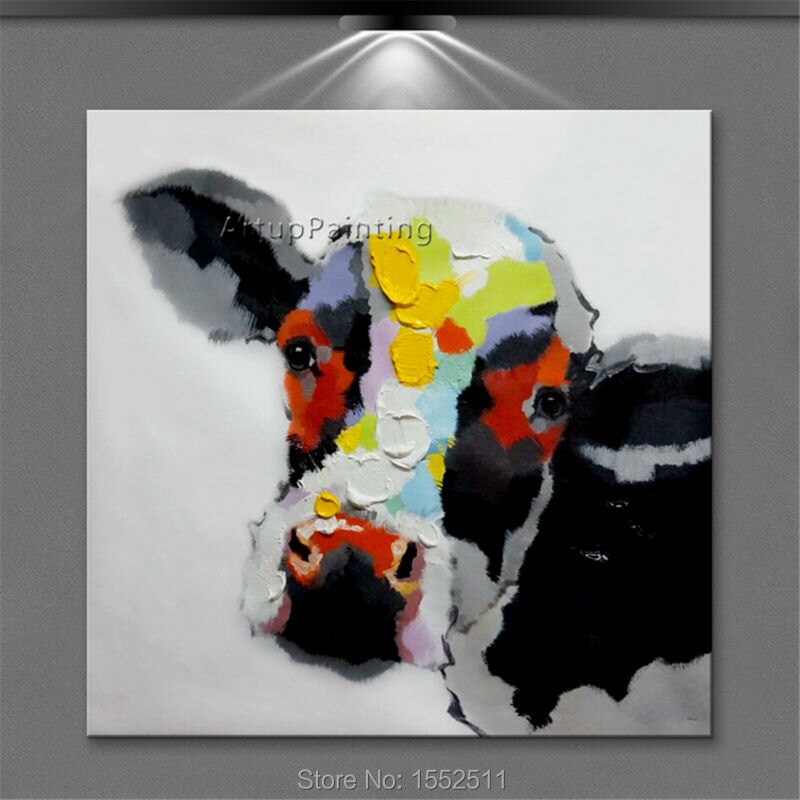 Pintura al &oacute;leo de Vaca sobre lienzo, sala de estar para pared de pinturas de animales, arte de lienzo, cuchillo moderno abstracto pintado a mano 16