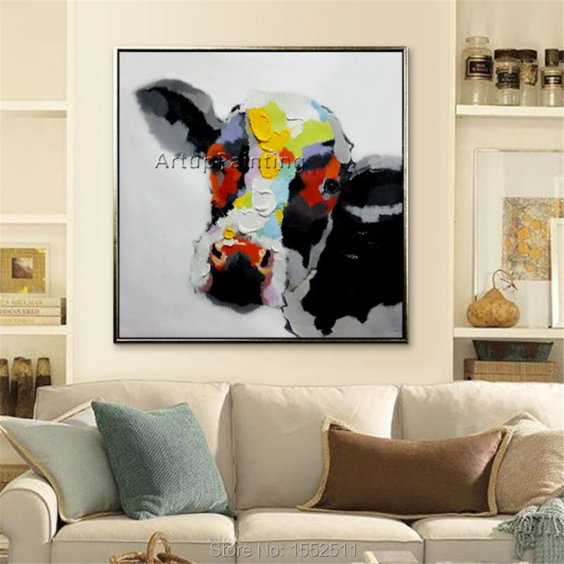 Pintura al &oacute;leo de Vaca sobre lienzo, sala de estar para pared de pinturas de animales, arte de lienzo, cuchillo moderno abstracto pintado a mano 16