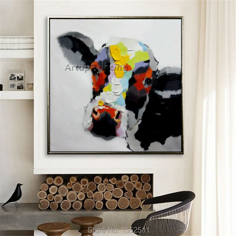 Pintura al &oacute;leo de Vaca sobre lienzo, sala de estar para pared de pinturas de animales, arte de lienzo, cuchillo moderno abstracto pintado a mano 16