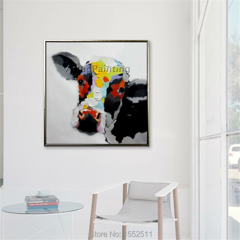 Pintura al &oacute;leo de Vaca sobre lienzo, sala de estar para pared de pinturas de animales, arte de lienzo, cuchillo moderno abstracto pintado a mano 16