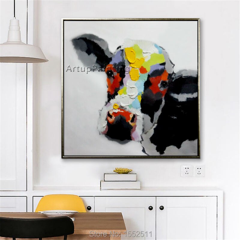 Pintura al &oacute;leo de Vaca sobre lienzo, sala de estar para pared de pinturas de animales, arte de lienzo, cuchillo moderno abstracto pintado a mano 16