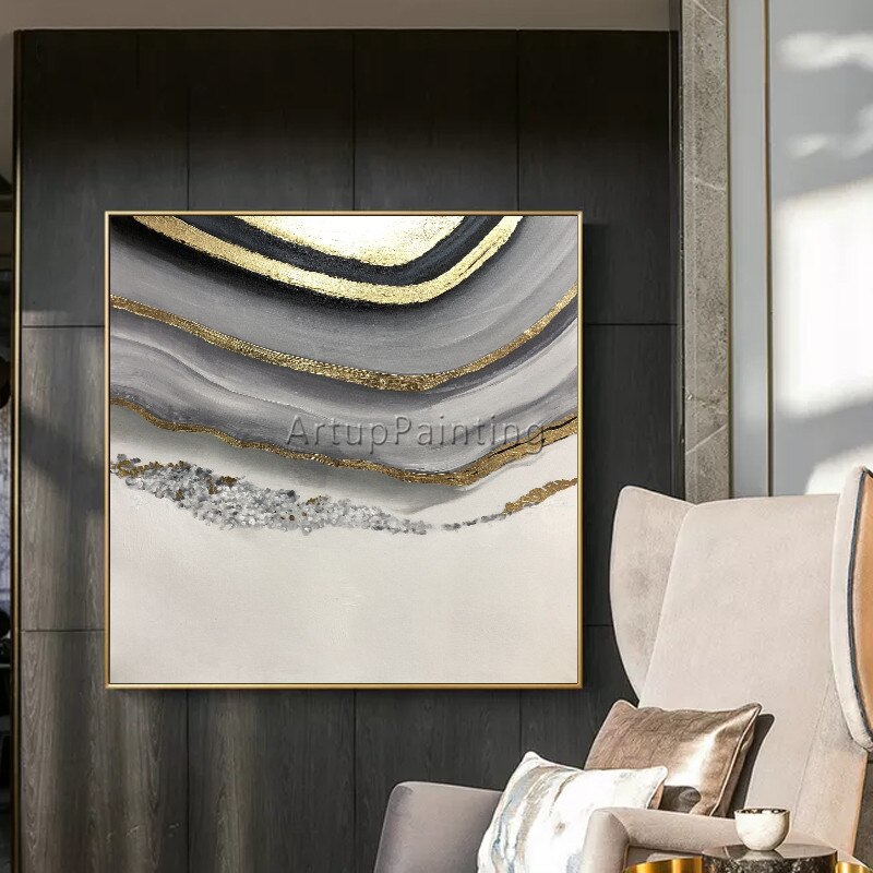 Abatract-pintura en lienzo para decoraci&oacute;n de caudros, pintura al &oacute;leo acr&iacute;lica dorada, arte abstracto moderno para pared, im&aacute;genes para sala de estar 14