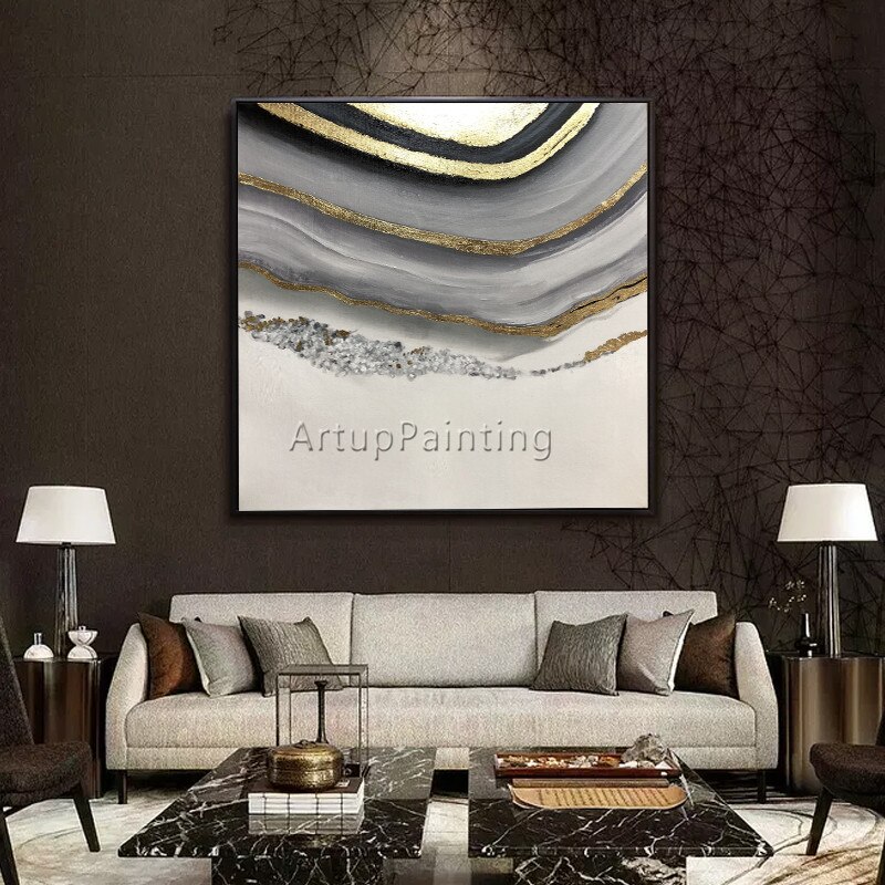 Abatract-pintura en lienzo para decoraci&oacute;n de caudros, pintura al &oacute;leo acr&iacute;lica dorada, arte abstracto moderno para pared, im&aacute;genes para sala de estar 14