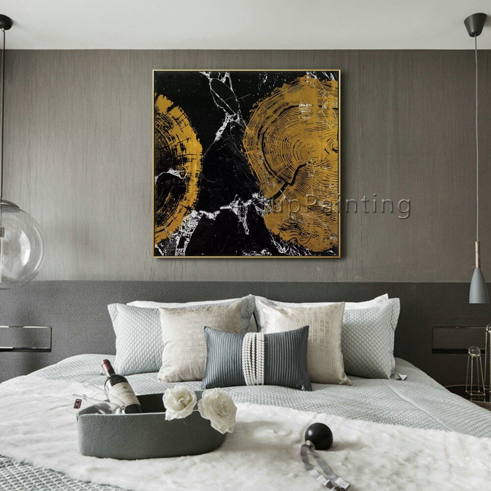 Pinturas al óleo abstractas modernas pintadas a mano en oro negro sobre lienzo, arte de pared, imágenes de decoración del hogar para decoración de pared de sala de estar Pinturas al óleo abstractas modernas pintadas a mano en oro negro sobre lienzo, arte de pared, imágenes de decoración del hogar para decoración de pared de sala de estar
