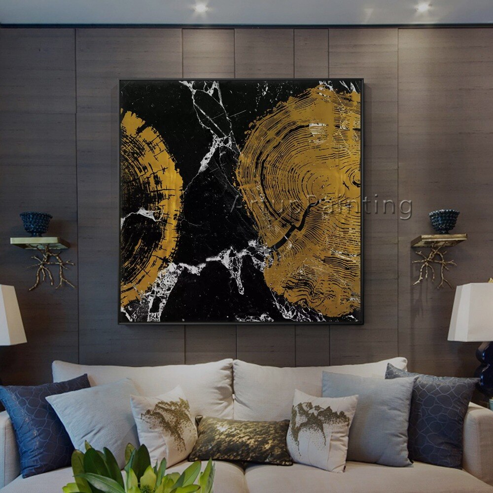 Pinturas al óleo abstractas modernas pintadas a mano en oro negro sobre lienzo, arte de pared, imágenes de decoración del hogar para decoración de pared de sala de estar Pinturas al óleo abstractas modernas pintadas a mano en oro negro sobre lienzo, arte de pared, imágenes de decoración del hogar para decoración de pared de sala de estar