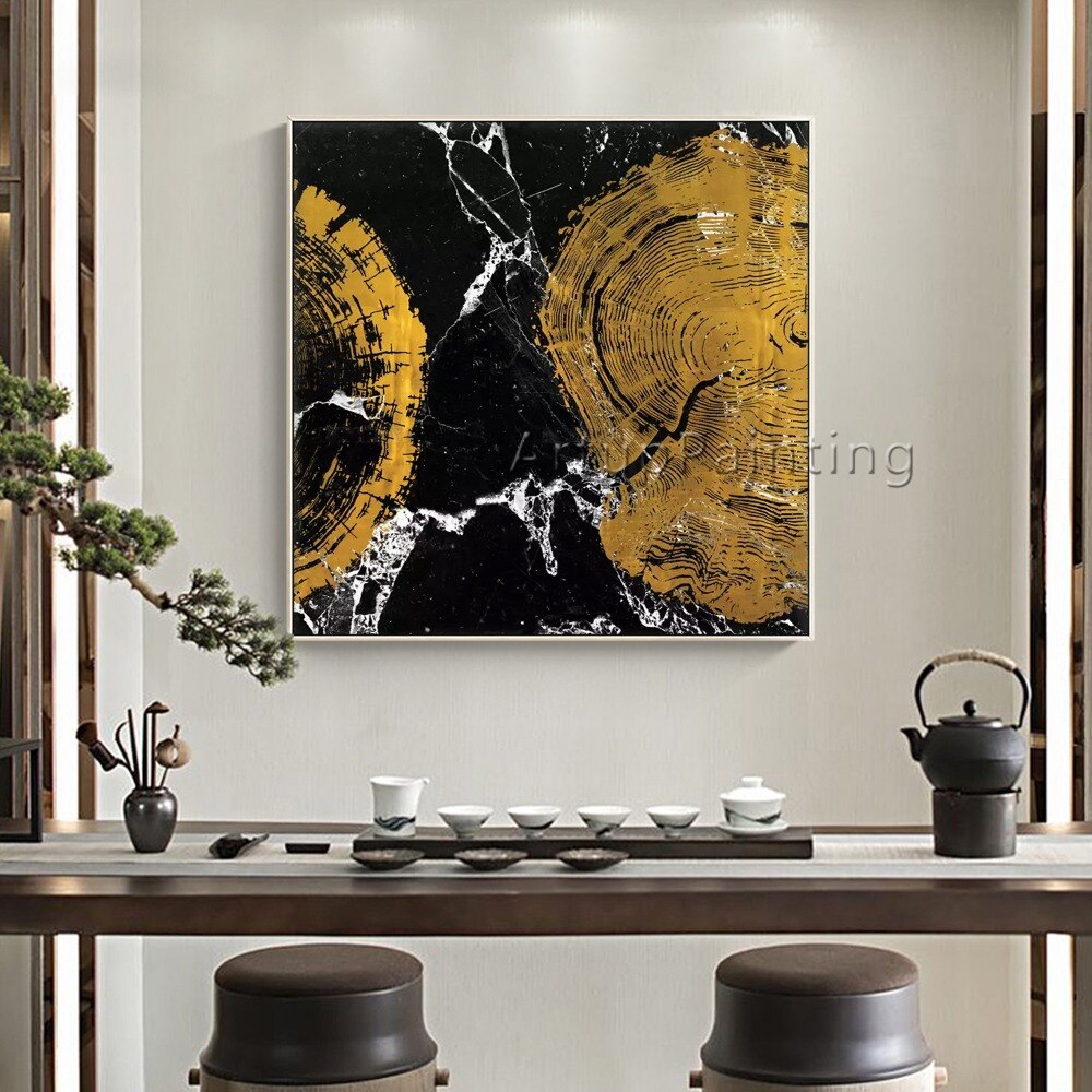 Pinturas al óleo abstractas modernas pintadas a mano en oro negro sobre lienzo, arte de pared, imágenes de decoración del hogar para decoración de pared de sala de estar Pinturas al óleo abstractas modernas pintadas a mano en oro negro sobre lienzo, arte de pared, imágenes de decoración del hogar para decoración de pared de sala de estar
