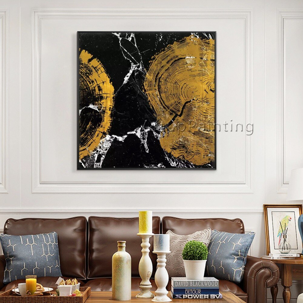 Pinturas al óleo abstractas modernas pintadas a mano en oro negro sobre lienzo, arte de pared, imágenes de decoración del hogar para decoración de pared de sala de estar Pinturas al óleo abstractas modernas pintadas a mano en oro negro sobre lienzo, arte de pared, imágenes de decoración del hogar para decoración de pared de sala de estar