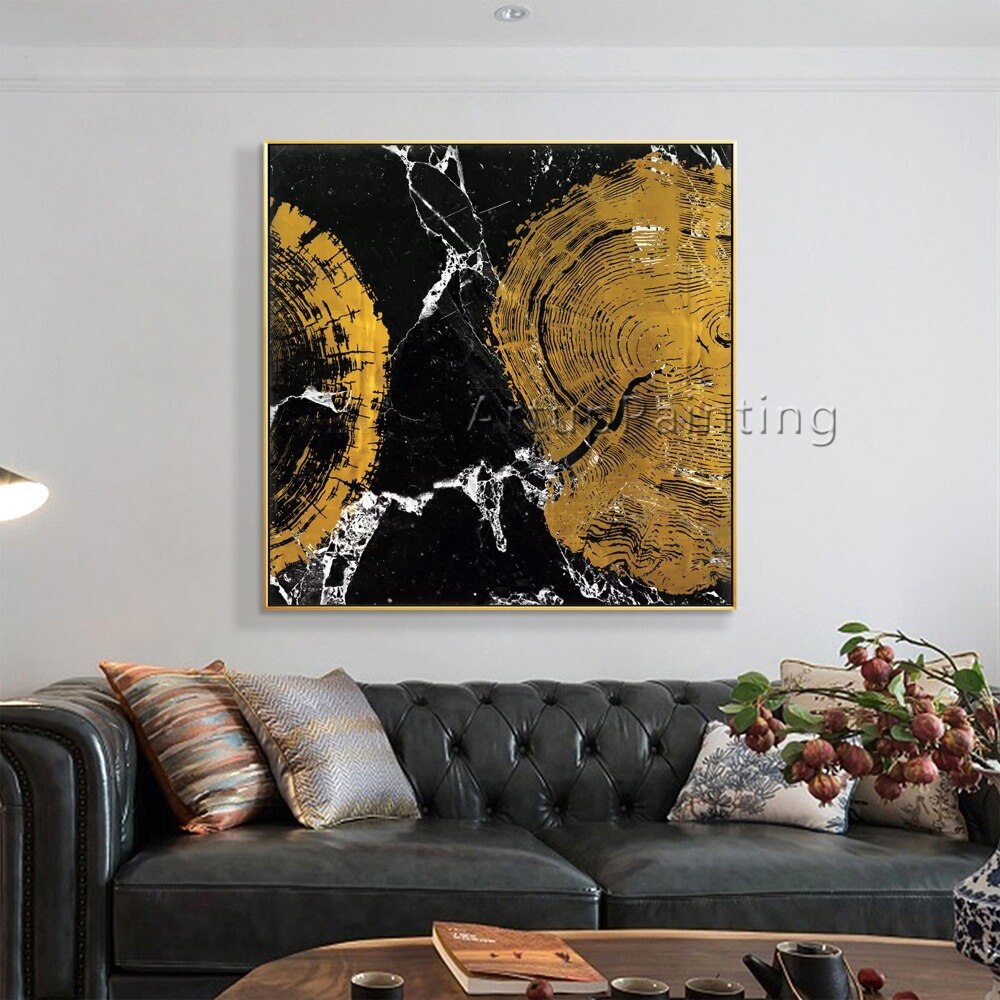 Pinturas al óleo abstractas modernas pintadas a mano en oro negro sobre lienzo, arte de pared, imágenes de decoración del hogar para decoración de pared de sala de estar Pinturas al óleo abstractas modernas pintadas a mano en oro negro sobre lienzo, arte de pared, imágenes de decoración del hogar para decoración de pared de sala de estar
