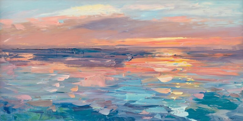 Pintura al &oacute;leo abstracta de paisaje marino para decoraci&oacute;n del hogar, cuadro art&iacute;stico de pared pintado a mano, naranja, puesta de sol, papel de pared para sala de estar