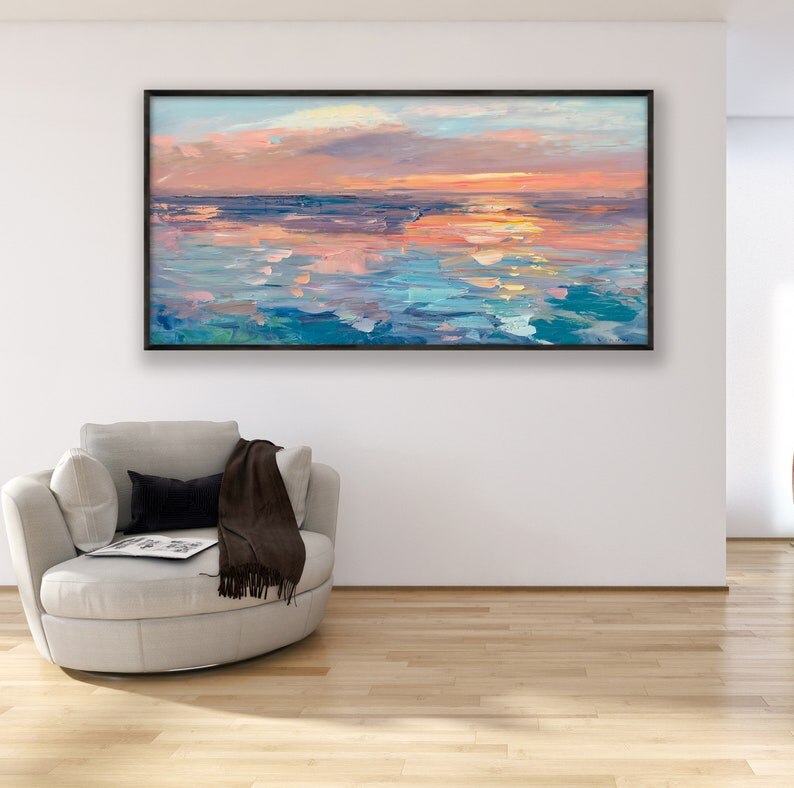 Pintura al &oacute;leo abstracta de paisaje marino para decoraci&oacute;n del hogar, cuadro art&iacute;stico de pared pintado a mano, naranja, puesta de sol, papel de pared para sala de estar