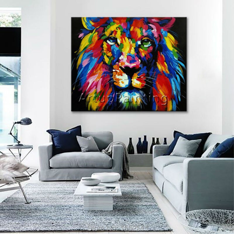 Pintura de Le&oacute;n en lienzo, pintura acr&iacute;lica, im&aacute;genes art&iacute;sticas de pared para sala de estar, decoraci&oacute;n del hogar, Arte Pop abstracto, pintado a mano