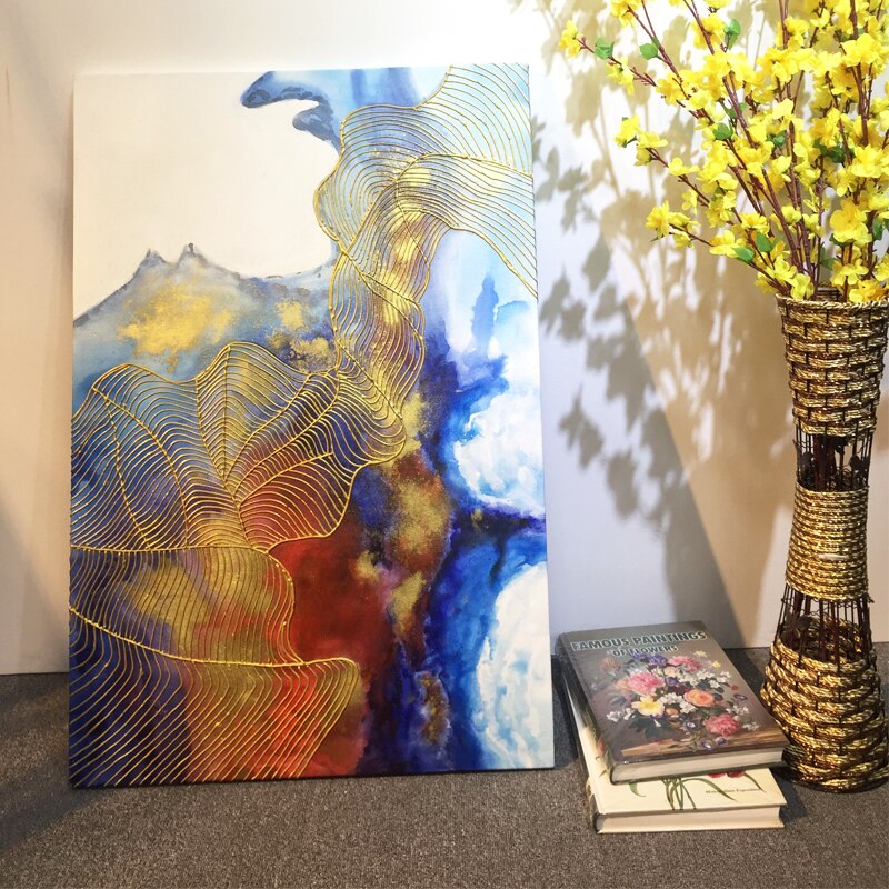 Pintura acr&iacute;lica de arte dorado sobre lienzo, original, pintado a mano, textura azul, caudro quadro, decoraci&oacute;n de pared, imagen art&iacute;stica para sala de estar y hogar