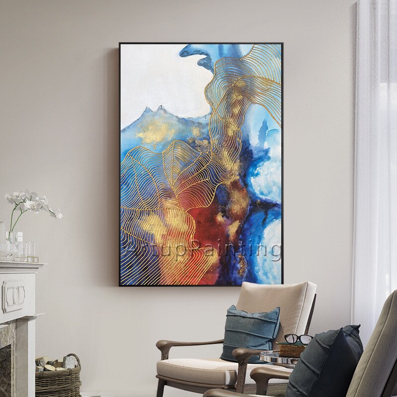 Pintura acr&iacute;lica de arte dorado sobre lienzo, original, pintado a mano, textura azul, caudro quadro, decoraci&oacute;n de pared, imagen art&iacute;stica para sala de estar y hogar