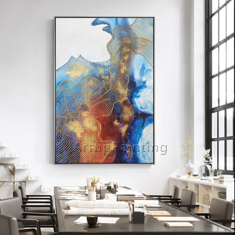 Pintura acr&iacute;lica de arte dorado sobre lienzo, original, pintado a mano, textura azul, caudro quadro, decoraci&oacute;n de pared, imagen art&iacute;stica para sala de estar y hogar