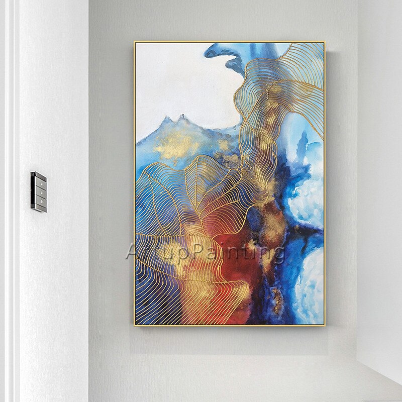 Pintura acr&iacute;lica de arte dorado sobre lienzo, original, pintado a mano, textura azul, caudro quadro, decoraci&oacute;n de pared, imagen art&iacute;stica para sala de estar y hogar