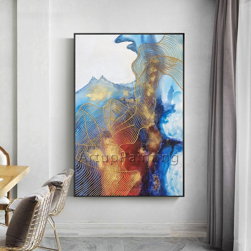 Pintura acr&iacute;lica de arte dorado sobre lienzo, original, pintado a mano, textura azul, caudro quadro, decoraci&oacute;n de pared, imagen art&iacute;stica para sala de estar y hogar
