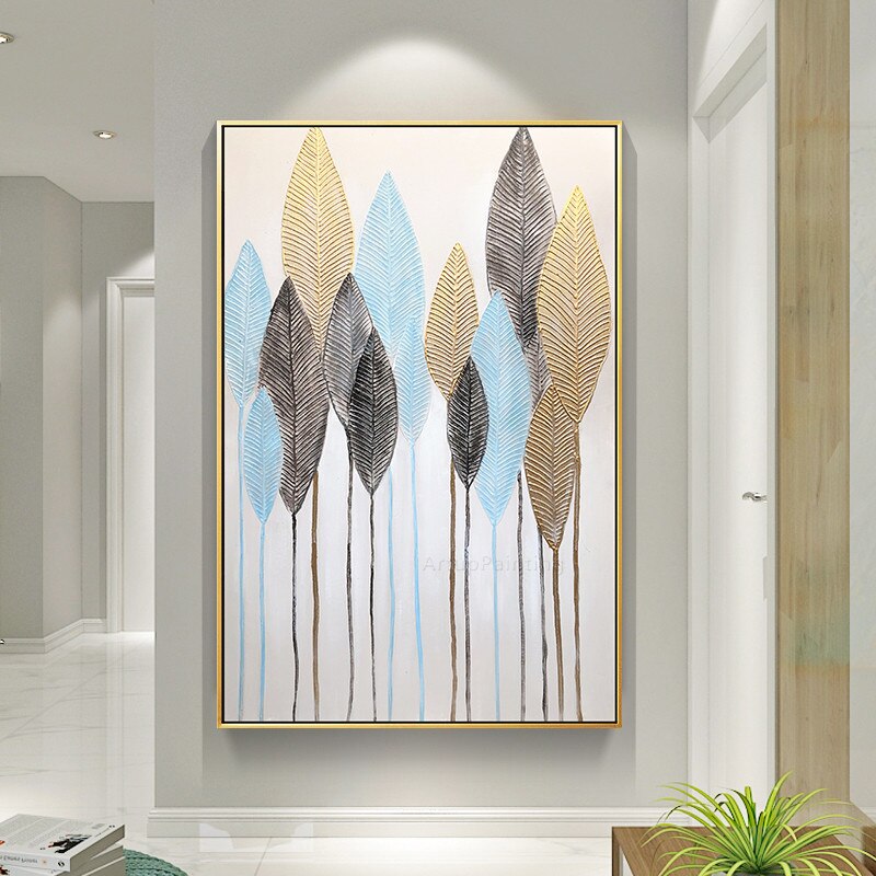 Pintura al &oacute;leo de lienzo de hoja azul dorada abstracta moderna, arte de pared, pintura acr&iacute;lica, cuadros quadro, decoraci&oacute;n de cuadros de pared para sala de estar