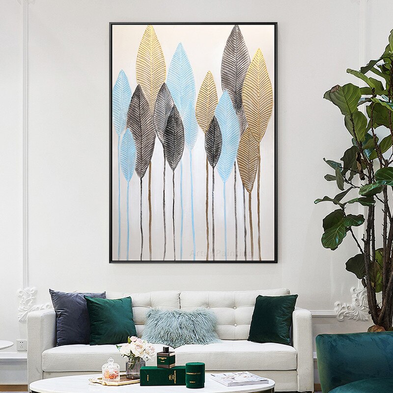 Pintura al &oacute;leo de lienzo de hoja azul dorada abstracta moderna, arte de pared, pintura acr&iacute;lica, cuadros quadro, decoraci&oacute;n de cuadros de pared para sala de estar