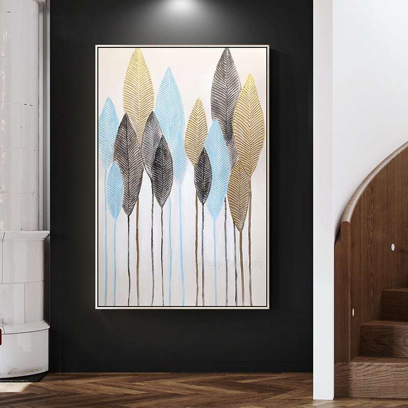 Pintura al &oacute;leo de lienzo de hoja azul dorada abstracta moderna, arte de pared, pintura acr&iacute;lica, cuadros quadro, decoraci&oacute;n de cuadros de pared para sala de estar