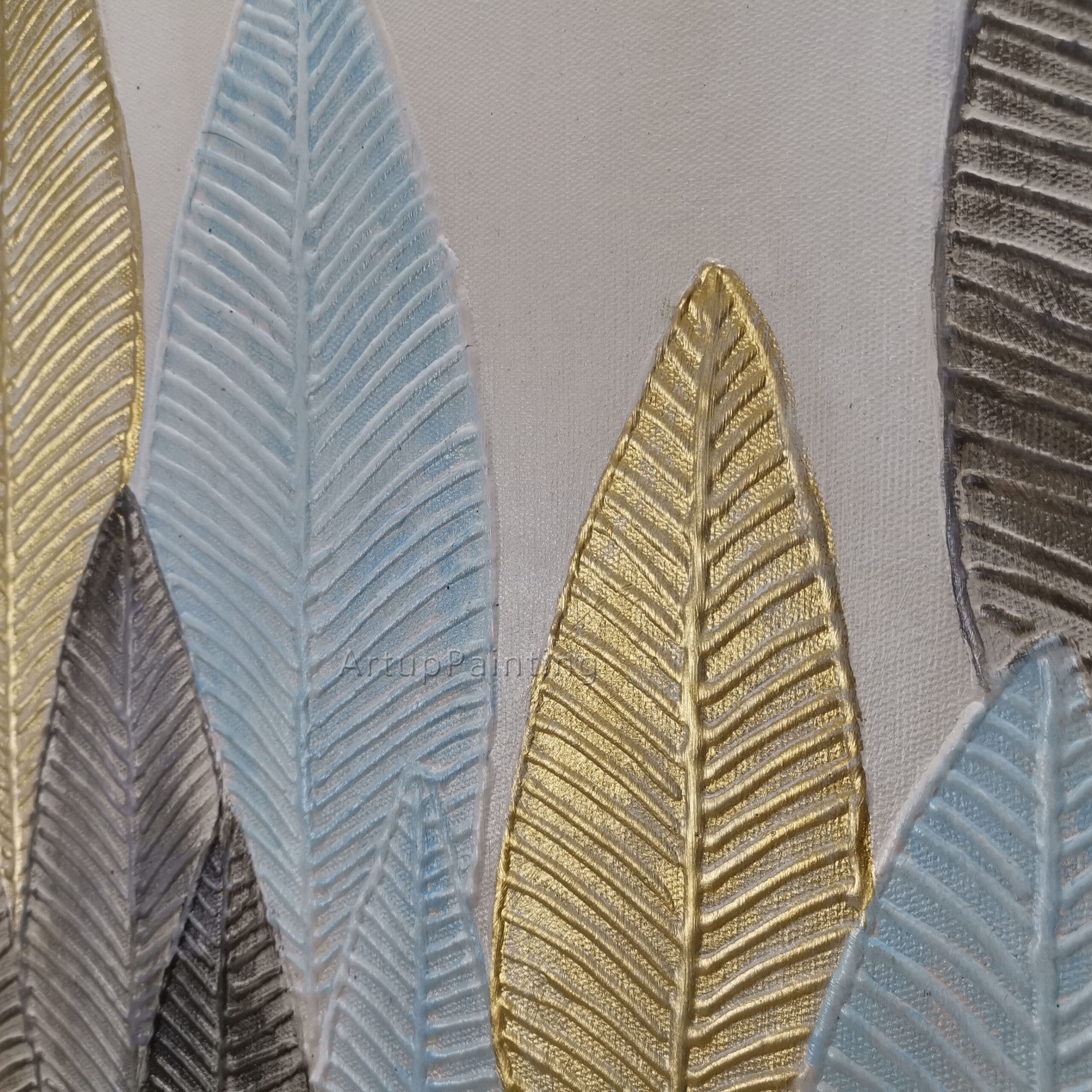 Pintura al &oacute;leo de lienzo de hoja azul dorada abstracta moderna, arte de pared, pintura acr&iacute;lica, cuadros quadro, decoraci&oacute;n de cuadros de pared para sala de estar