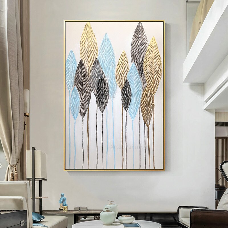 Pintura al &oacute;leo de lienzo de hoja azul dorada abstracta moderna, arte de pared, pintura acr&iacute;lica, cuadros quadro, decoraci&oacute;n de cuadros de pared para sala de estar