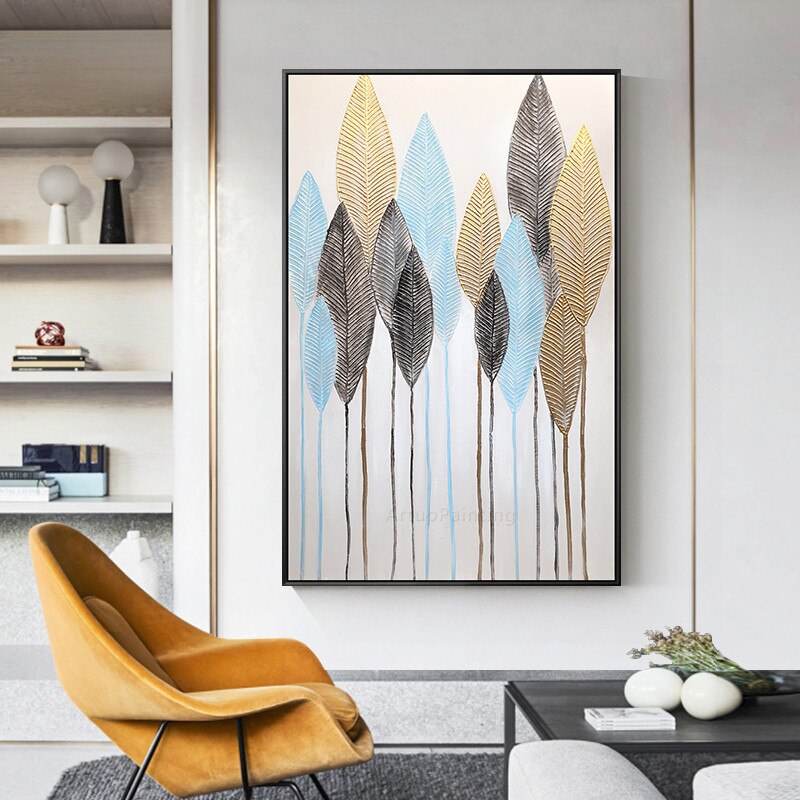 Pintura al &oacute;leo de lienzo de hoja azul dorada abstracta moderna, arte de pared, pintura acr&iacute;lica, cuadros quadro, decoraci&oacute;n de cuadros de pared para sala de estar