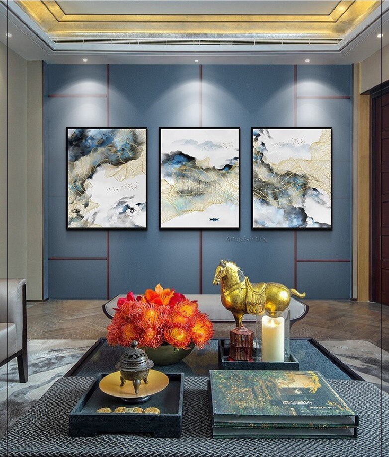 Lienzo azul abstracto moderno, pintura al &oacute;leo de l&iacute;nea dorada, pintado a mano, arte de pared, sala de estar imagen para, sal&oacute;n, decoraci&oacute;n del hogar, cuadros