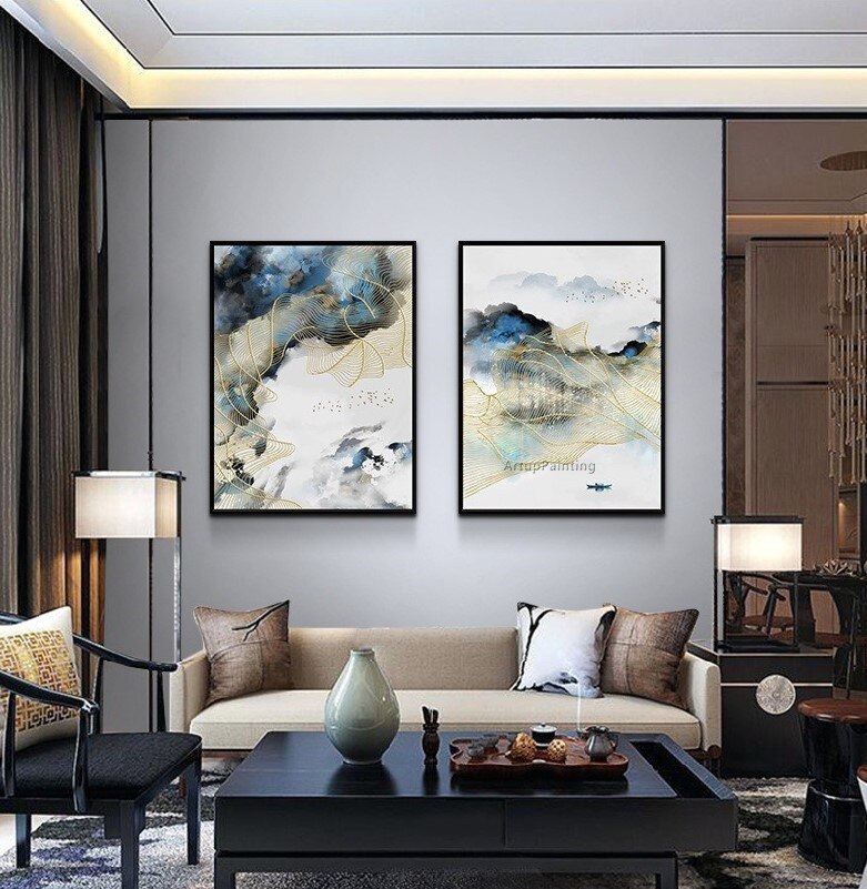 Lienzo azul abstracto moderno, pintura al &oacute;leo de l&iacute;nea dorada, pintado a mano, arte de pared, sala de estar imagen para, sal&oacute;n, decoraci&oacute;n del hogar, cuadros