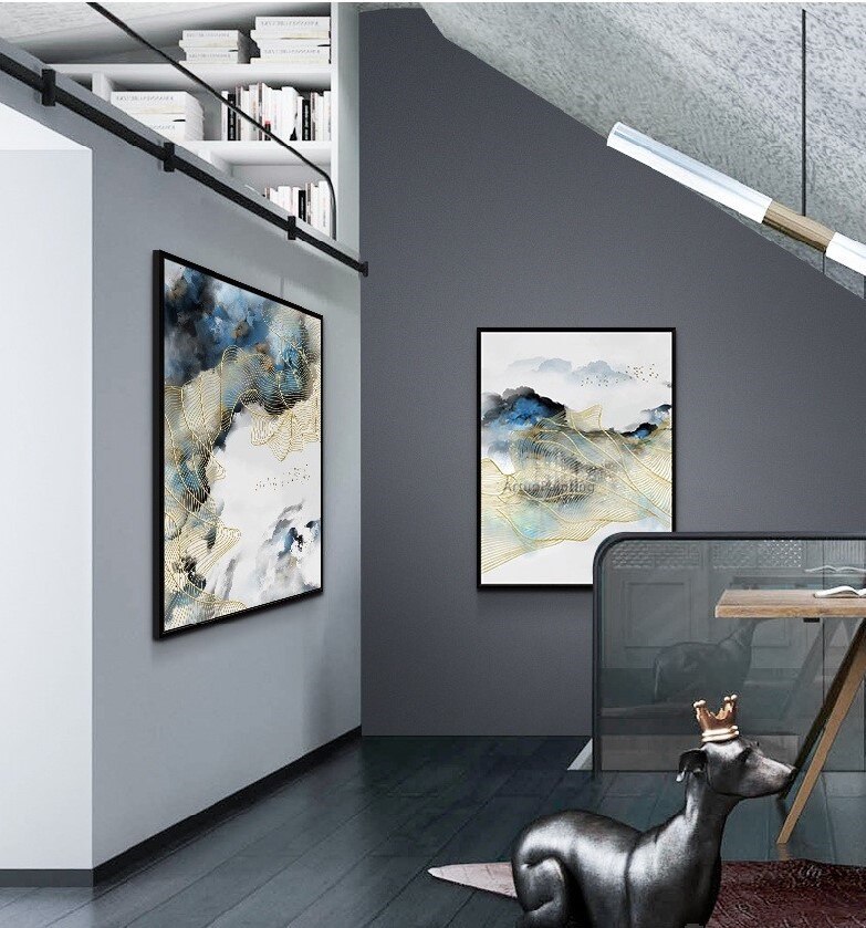 Lienzo azul abstracto moderno, pintura al &oacute;leo de l&iacute;nea dorada, pintado a mano, arte de pared, sala de estar imagen para, sal&oacute;n, decoraci&oacute;n del hogar, cuadros