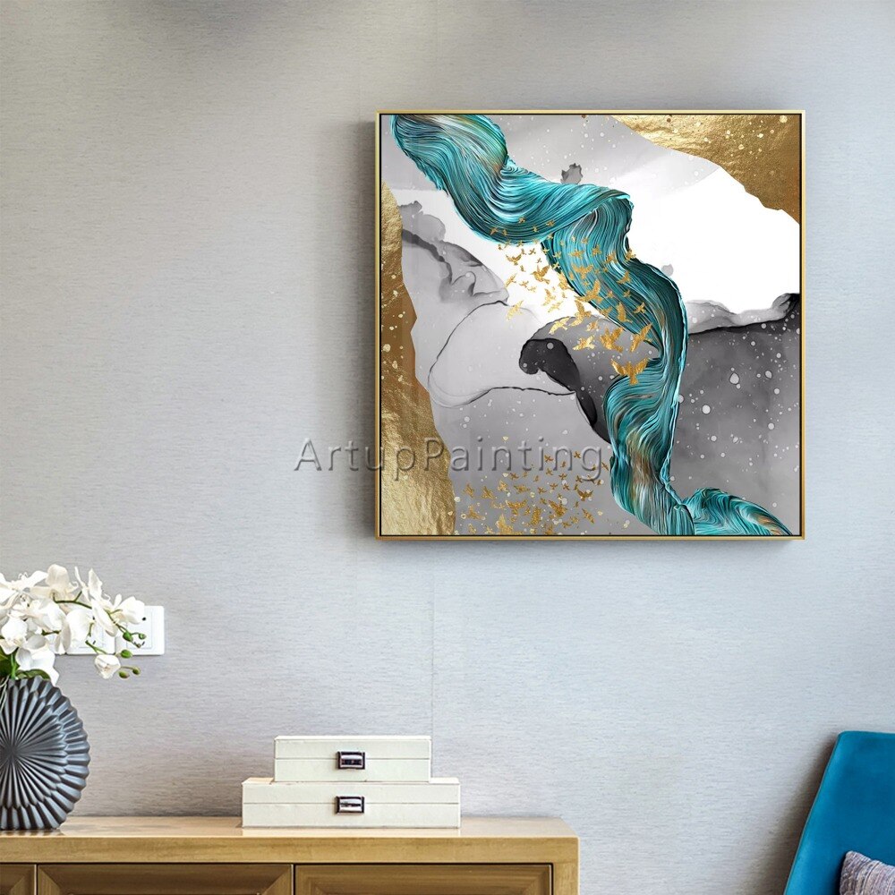 Pinturas al &oacute;leo abstractas modernas pintadas a mano, pinturas al &oacute;leo de oro blanco verde sobre lienzo, arte de pared, im&aacute;genes de decoraci&oacute;n del hogar para sala de estar